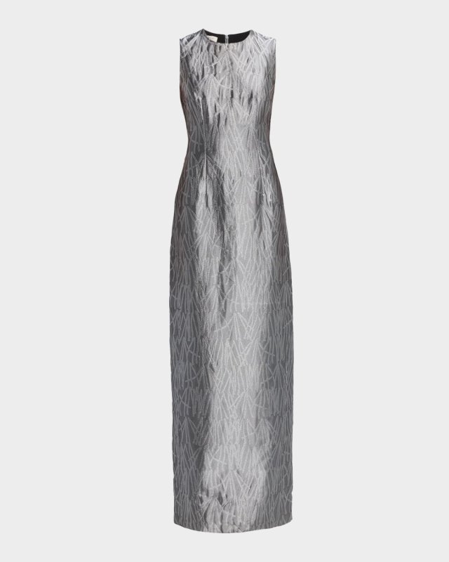 Sleeveless Metallic Jacquard Column Gown